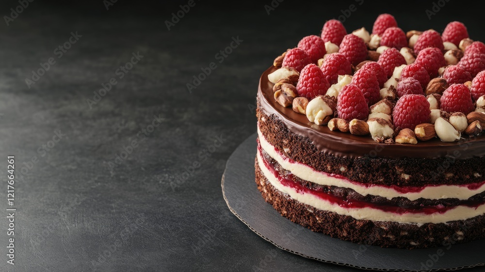 Poster layered chocolate cream cake topped with fresh raspberries and nuts on a dark background with space 