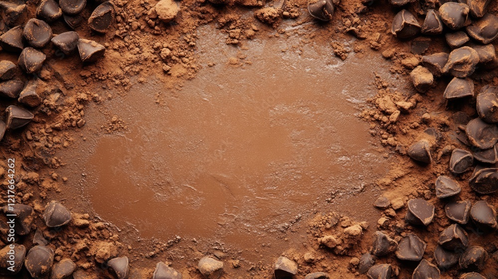 Poster chocolate backdrop with cocoa powder and chocolate chips creating a textured frame with ample empty 