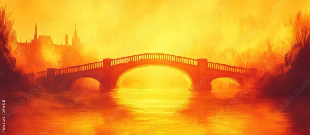 Leinwandbilder bridge silhouette at sunset with vibrant orange flames and tranquil waters featuring empty space for