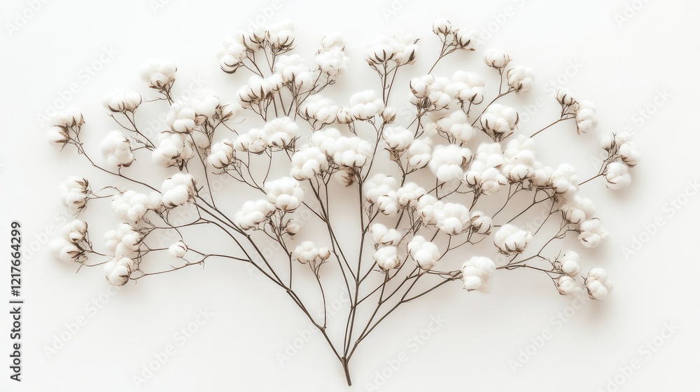Poster cotton branch with fluffy white bolls arranged on a light background ideal for minimalistic design c