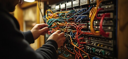 A technician is connecting a network cable in server rack to a patch panel