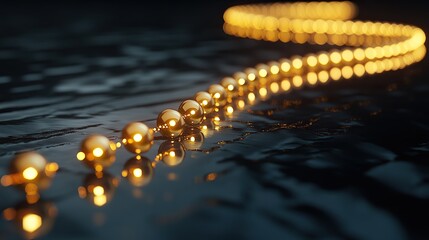 A sophisticated timeline visualization resembling a glowing linear string of golden beads with faint refractions on a dark mirrored surface