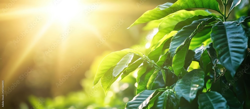 Poster lush green coffee leaves illuminated by sunlight with a bokeh effect and copy space for text