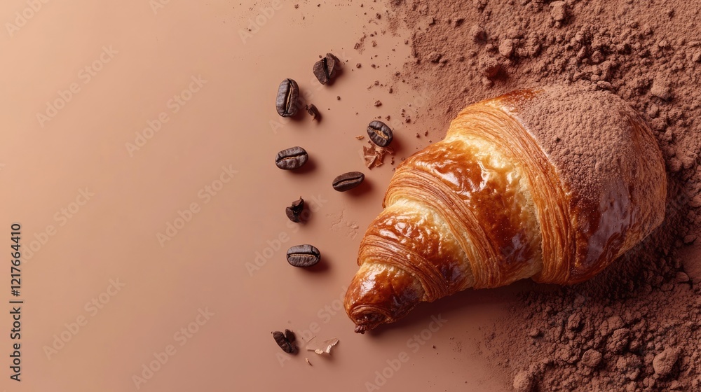 Poster chocolate and coffee croissant on smooth surface with coffee beans and empty space for text or brand