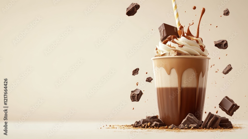 Poster chocolate caramel milkshake with whipped cream and splashing cocoa chunks on light background for te