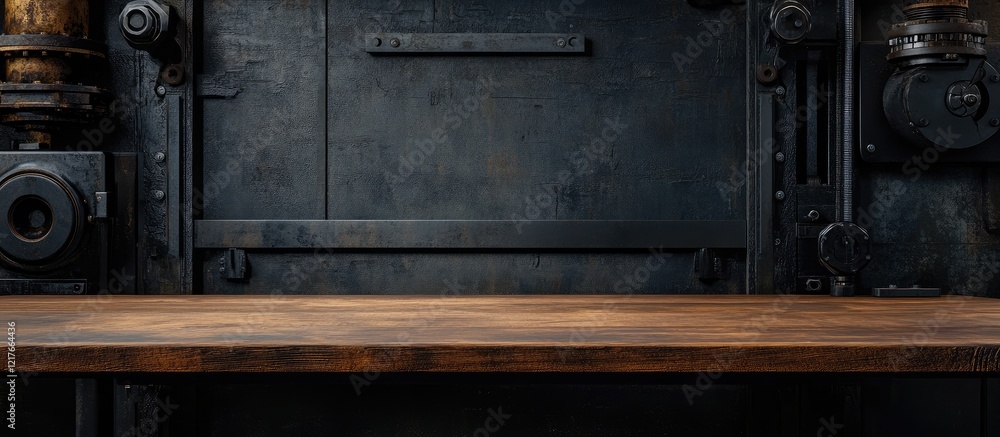Aufkleber Black Wooden Table in Industrial Workshop Setting with Empty Copyspace for Text for Design and Advertising Purposes