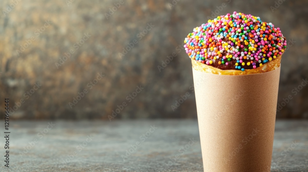 Poster chocolate crepe pancake dessert topped with colorful sprinkles in a paper tube on a textured backgro