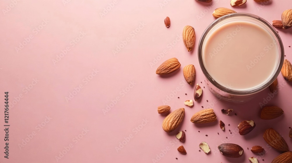 Poster chocolate almond milk in a glass surrounded by almonds on a vibrant fuchsia background with ample em