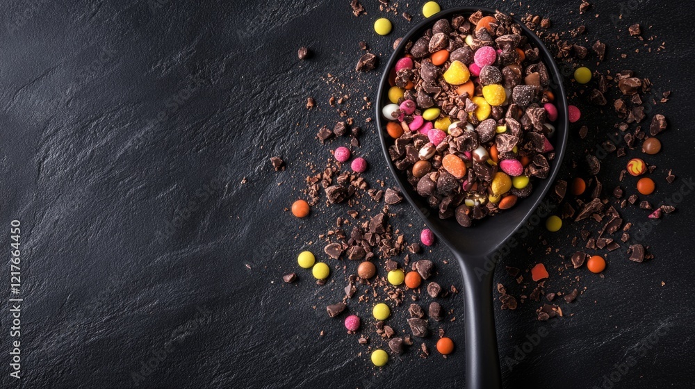 Aufkleber chocolate and colorful candy scattered in a black scoop on a dark background with space for text and