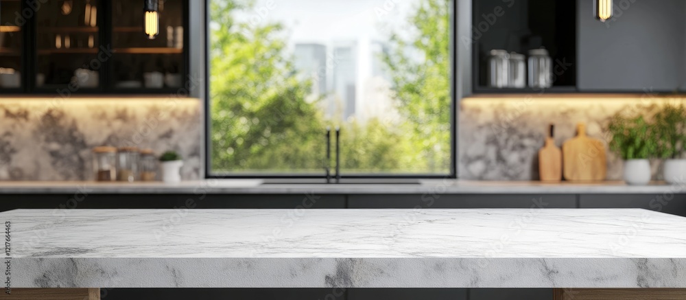 Aufkleber modern kitchen with bright stone countertop offering ample empty space for product display mockup an
