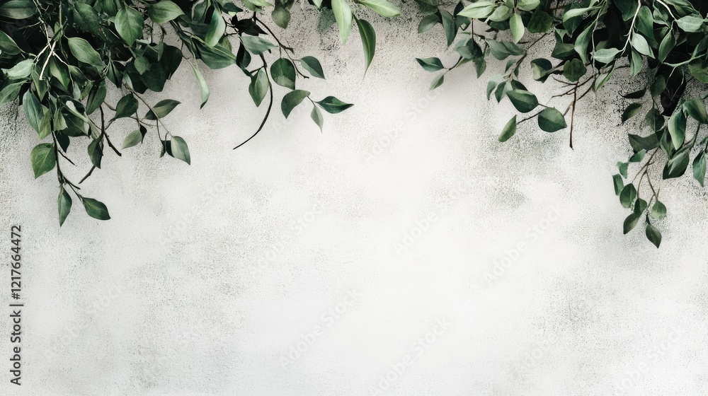 Aufkleber green foliage with dark leaves arranged along the top edge of a textured light background with ample