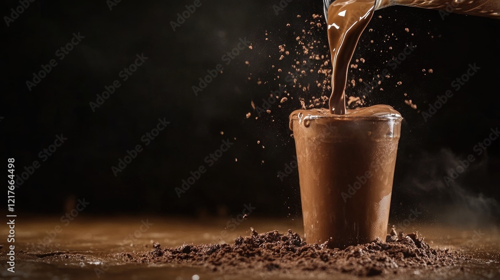 Poster choco shake pouring from shaker into glass with chocolate splashes on dark background creating space