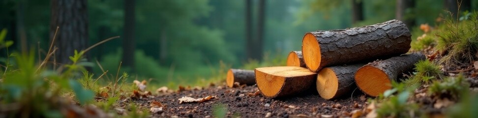 Forest of firewood cut from the mountain side, chopping, woodland environment, spruce