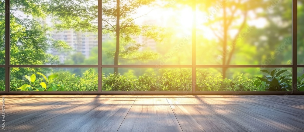 Poster sunlit empty room with hardwood flooring showcasing a large window and natural greenery, ideal for t