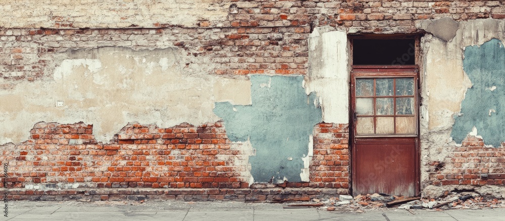 Poster urban building facade with weathered brick texture featuring door and ample copy space for poster or