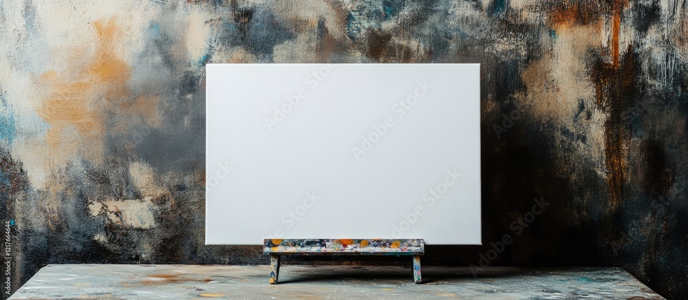 Aufkleber Blank canvas on easel against textured backdrop for artistic creativity and design with ample empty space for text or ideas
