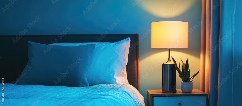 Poster cozy bedroom scene featuring a bright blue lamp on a nightstand with an empty space ideal for decora