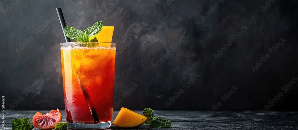 Poster colorful homemade juice with fresh vegetables and fruits in a glass on a dark background with space 
