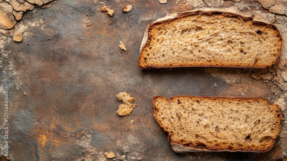 Poster aged and worn bread with a chipped texture showcasing a rustic backdrop and ample empty space for te