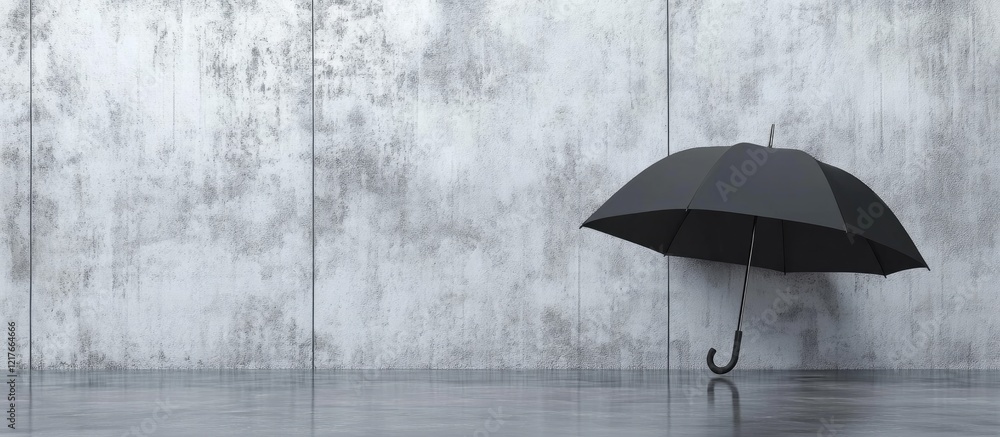 Aufkleber Black umbrella leaning against a textured gray surface in a rainy setting with ample empty space for text and design elements