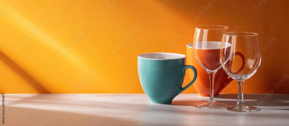Poster colorful ceramic mugs and elegant wine glasses on a bright orange background with ample space for yo