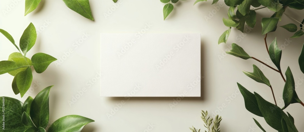 Poster Blank Business Card Mockup Surrounded by Fresh Greenery Ideal for Branding and Personalized Design with Ample Copyspace for Custom Text
