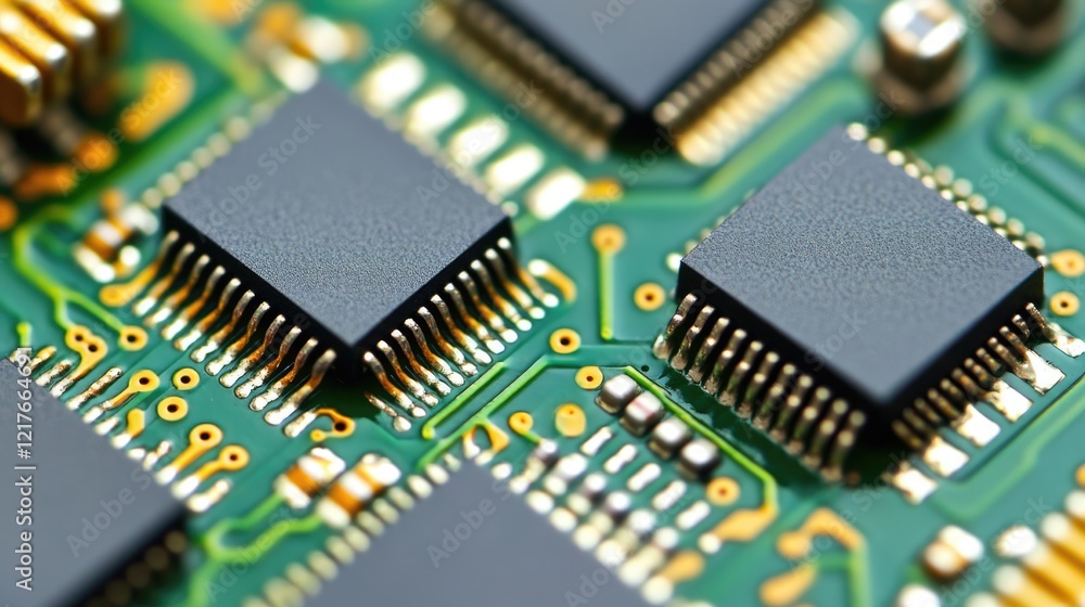 Fototapete close-up of integrated circuit chips on green circuit board with reflections and blank space for tex