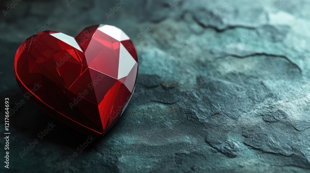 Poster red heart-shaped gemstone on dark textured surface with ample empty space for text or creative overl