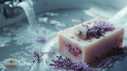 Lavender soap bar surrounded by lavender flowers in a calming bath setting with gently flowing water Copy Space