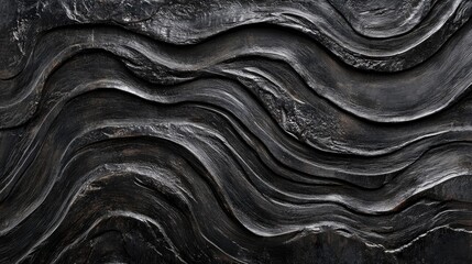 Textured black waves in abstract design with smooth curves and varied depth on a dark background suitable for copy space.