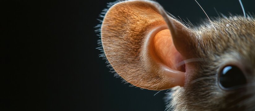 Close-up of mouse ear and eye with detailed textures against a dark background Copy Space