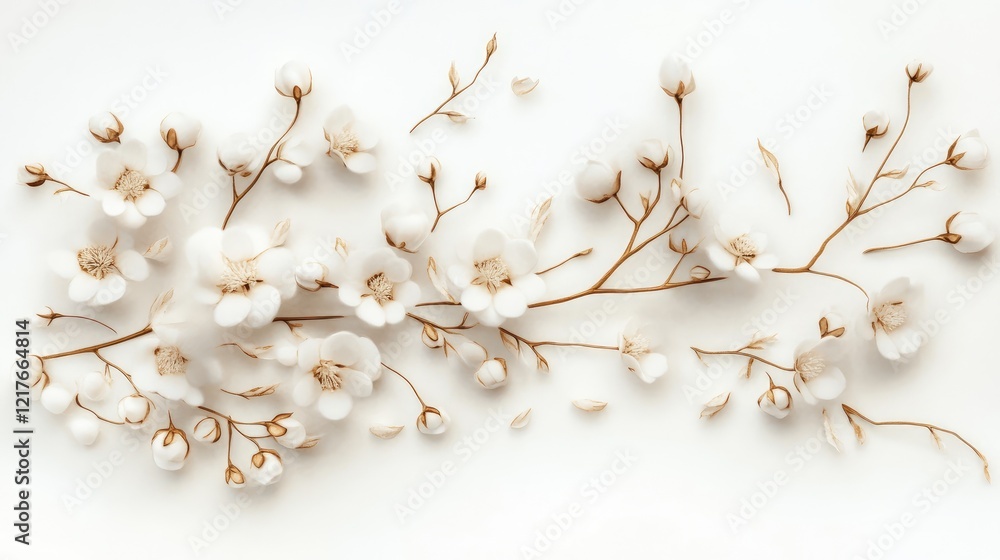 Poster delicate white flowers and branches arranged on a soft background with ample copy space for design e
