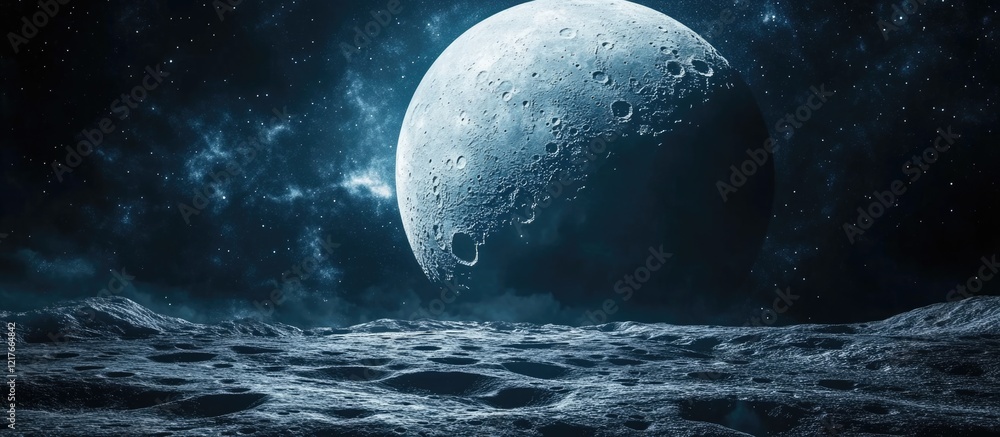Poster detailed cosmic landscape featuring a large moon in a starry sky with a textured surface below and c