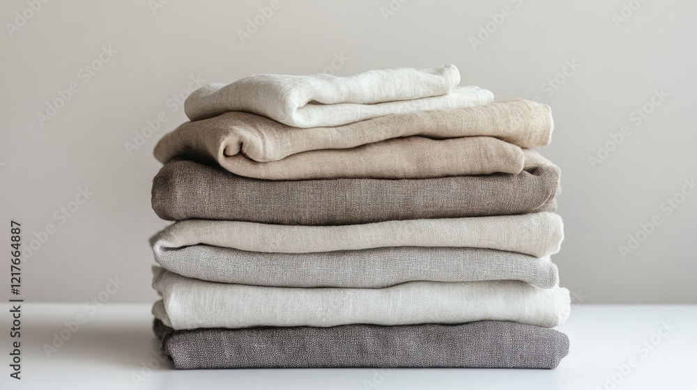 Poster stack of neatly folded linen fabric in various neutral colors on a white surface with soft natural l
