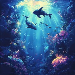 Fototapeta premium Two Whales Swim Among Vibrant Coral Reefs