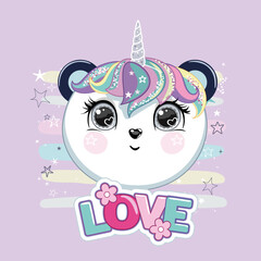 Text and cute panda unicorn drawing.