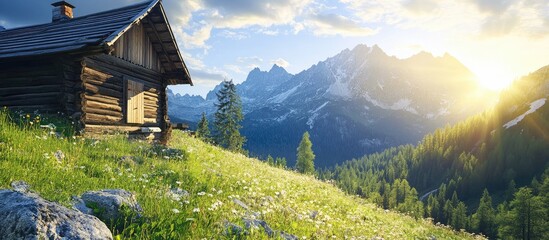 Fototapeta premium Mountain landscape with wooden cabin in foreground, sun shining over peaks, lush green meadow with wildflowers, Copy Space available.