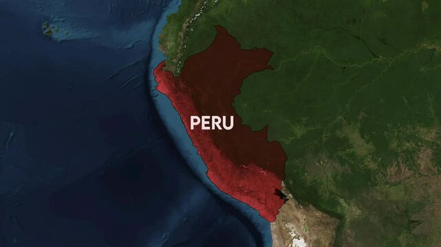 Zoom from Earth to Peru. World map animation with country borders, Images from NASA