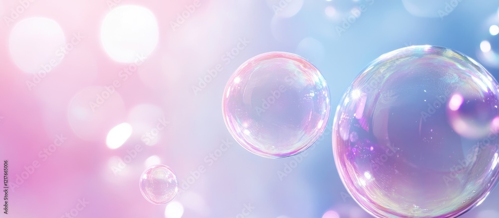 Poster colorful soap bubbles on a soft pastel background with copy space for text placement.