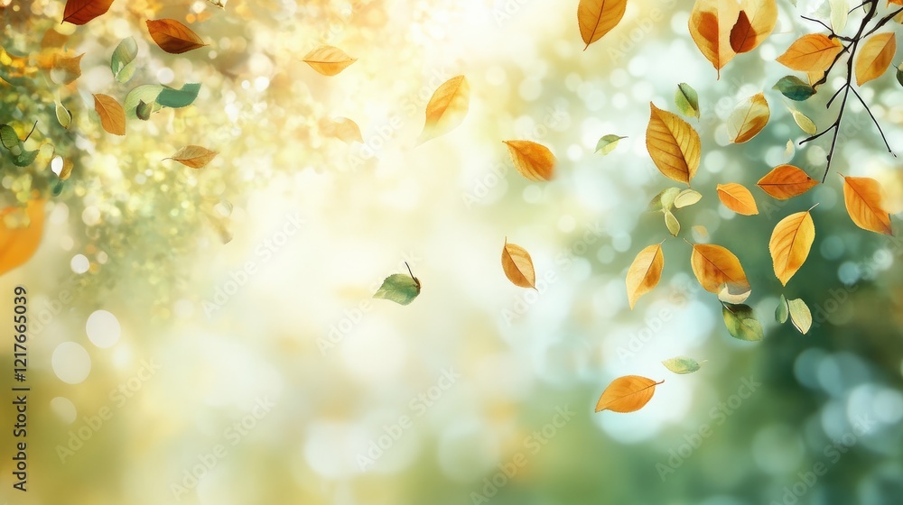Poster autumn leaves falling with blurred background of greenery and bokeh effect natural lighting copy spa
