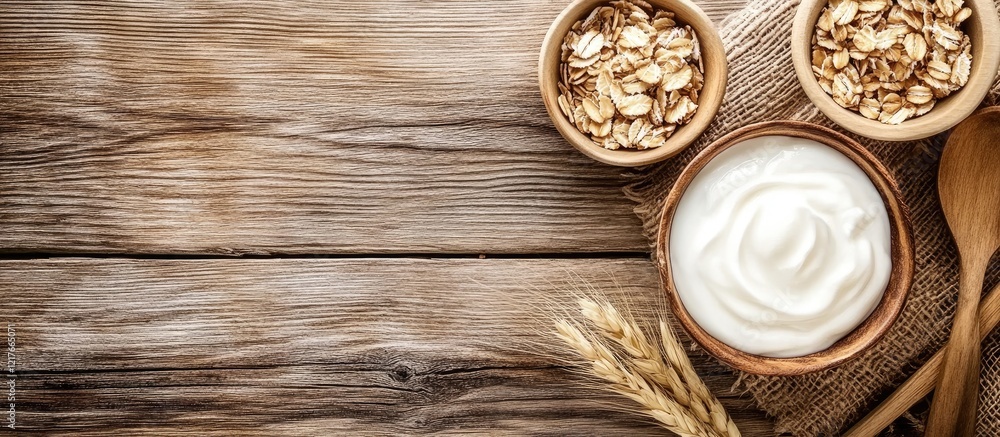 Poster bowl of yogurt with granola and oats on wooden table with burlap texture and copy space for text