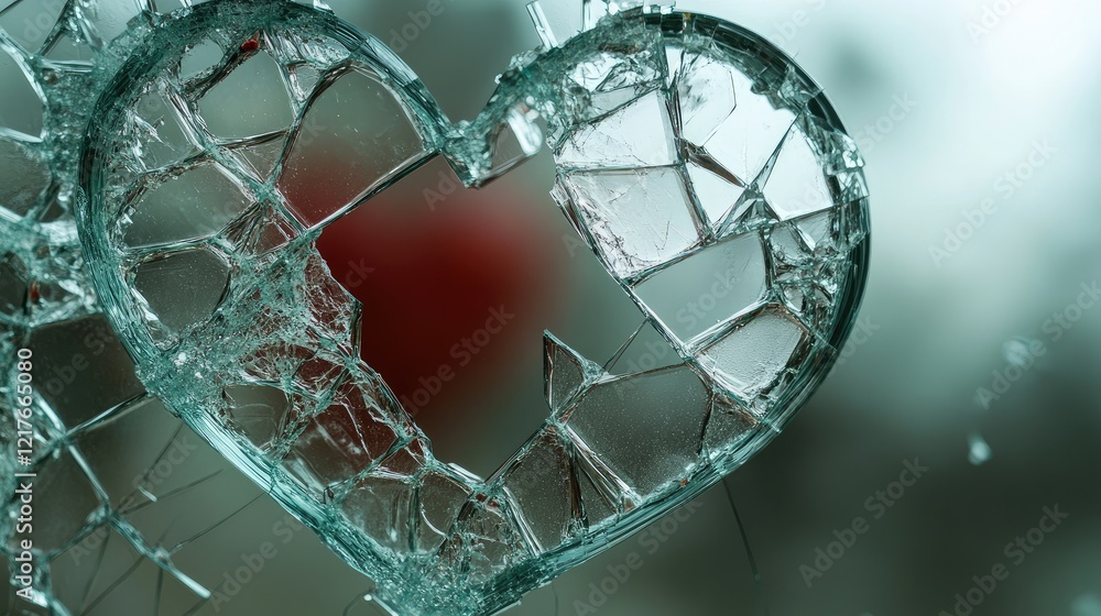 Poster Broken glass heart shape with sharp edges and reflections on a blurred background Copy Space