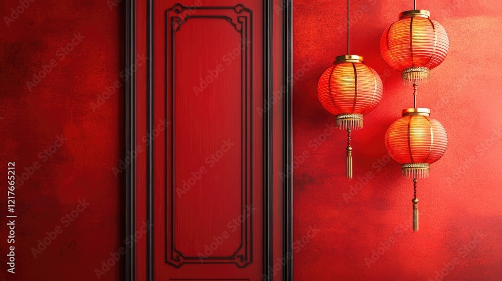 Poster chinese lanterns hanging against a red door backdrop with space for customization and text placement