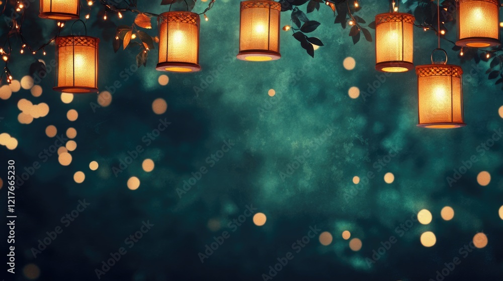 Poster chinese lanterns illuminated at night with bokeh lights and soft focus background creating a serene 