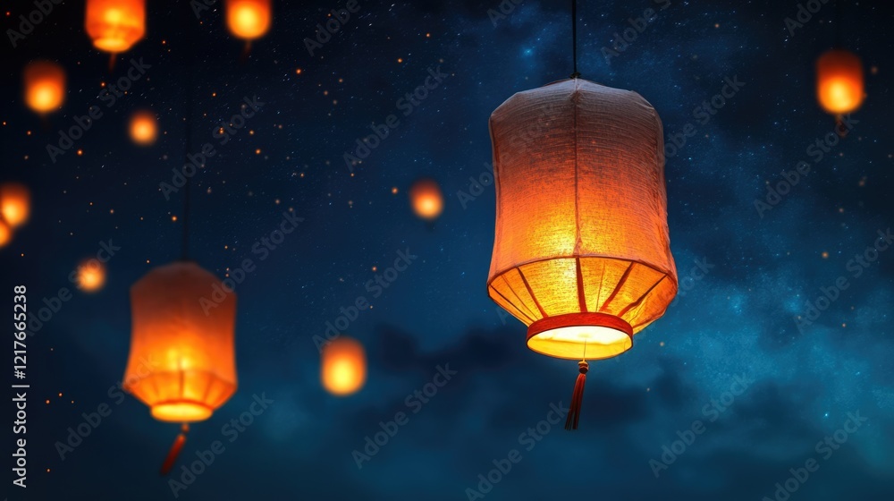 Aufkleber chinese lanterns floating in night sky with starry background and blank space for text or message