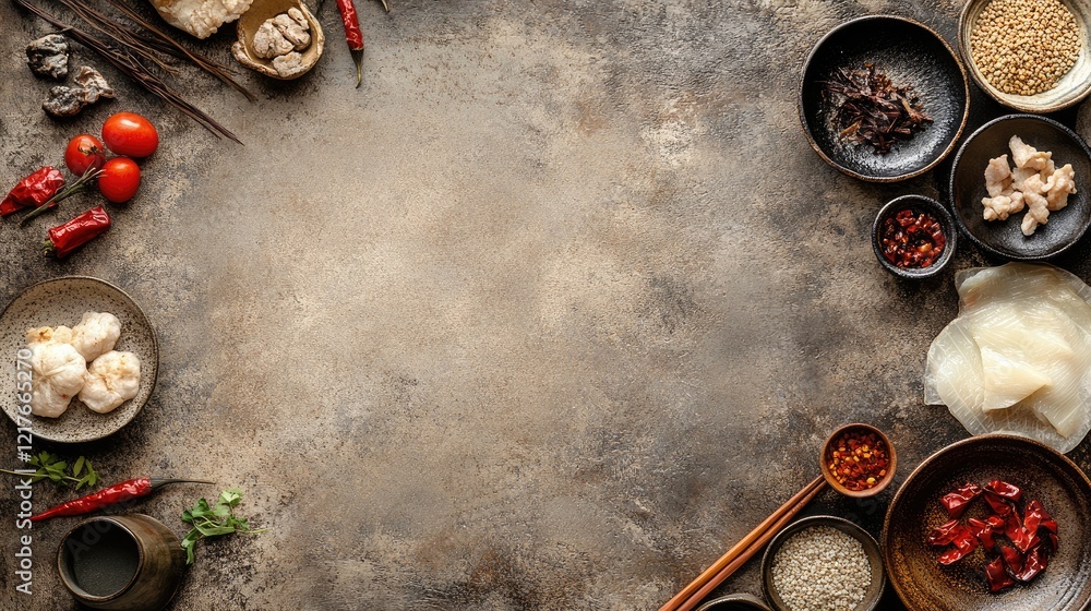 Poster chinese hotpot ingredients arranged on a textured surface with ample empty space for text or messagi