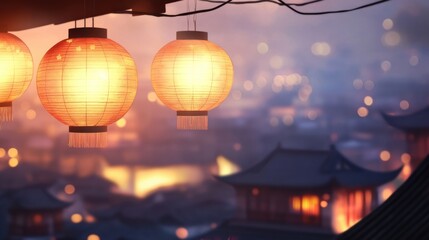Chinese Lanterns Illuminated at Dusk with Blurred Rooftops Ideal for Festival Celebrations and Text Overlay Decoration
