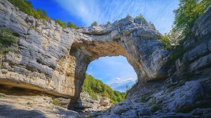 Obraz premium Natural stone arch formation surrounded by rocky terrain and green trees under a blue sky Copy Space