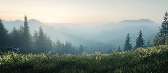 Morning mist over lush forested hills with distant mountains and soft sunlight, landscape scene with Copy Space for text.