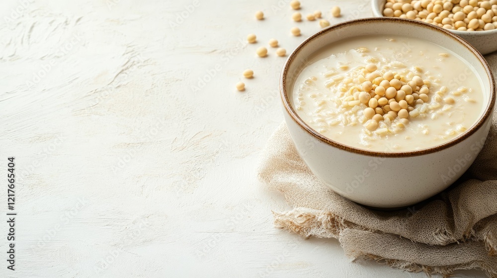 Poster chinese boiled rice with milk and soybeans in a bowl on a light background with empty space for text